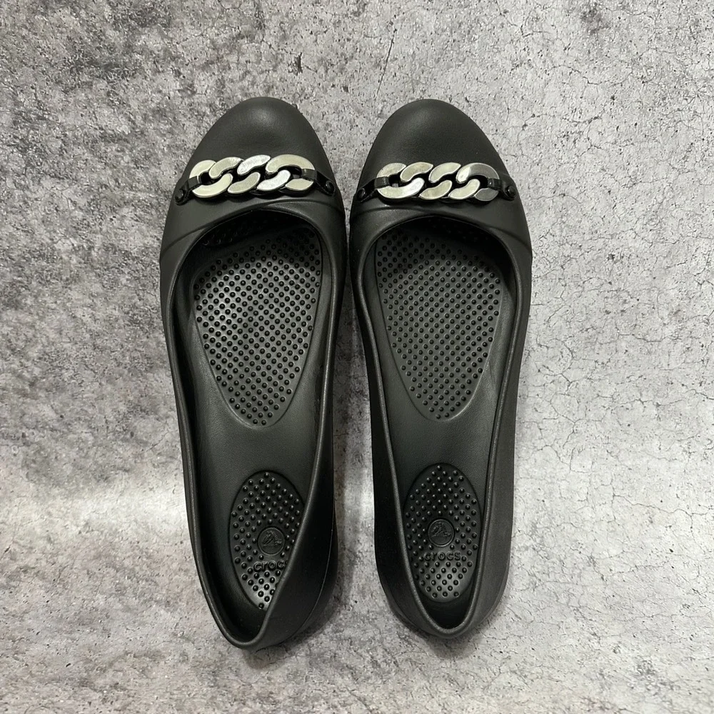Crocs Gianna Chain Link Ballet Flats Womens 9 Black Slip On Rubber Round Toe